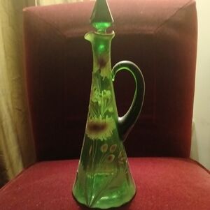 Elegant Antique Hand Painted Green Glass Vase